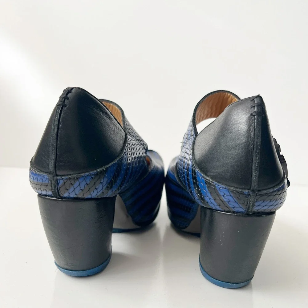 John Fluevog Mary Janes Heels 7.5 Blue Black Prepare Leader Striped Leather